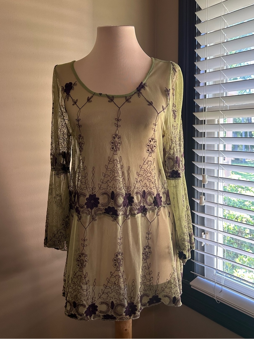 BKE Olive Green Sheer Embroidered Tunic with Purple Floral Accents